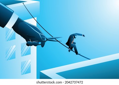 Illustration of businessman walking on rope across buildings meanwhile a giant hand with scissors ready to cut the rope