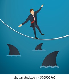 illustration of a businessman walking on rope with sharks underneath business risk chance