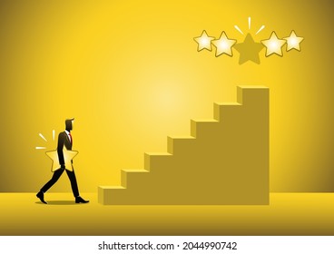 An illustration of a businessman walking on stair step holding a star in hand, to give five. Feedback concept