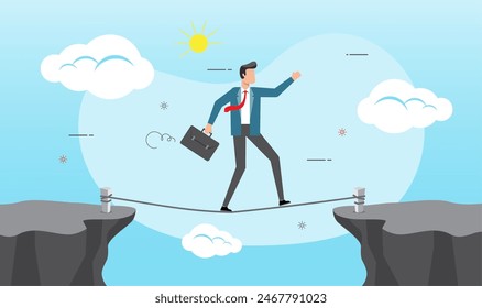 An illustration of Businessman is walking a tightrope across gap. the concept of business risk and success.