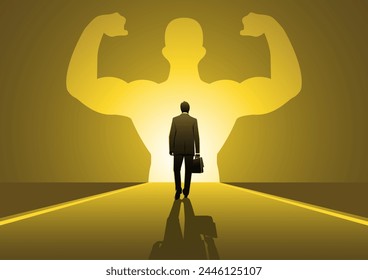 An illustration of a businessman walking towards a strong hero vision confidence concept