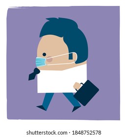 Illustration of a businessman walking wearing a facemask