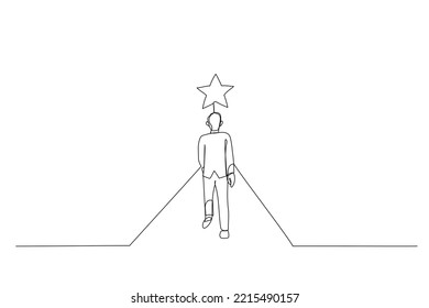 Illustration of businessman walks on the boundless road to the bright star. Single line art style
