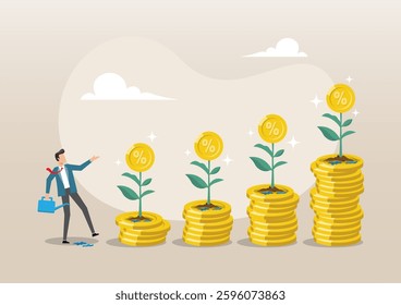 An illustration of businessman watering compound interest seedling growth. Compound interest growth, wealth accumulation formula, interest rate principal, profit or earning, prosperity concept