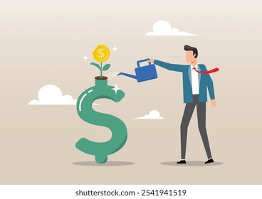 Uma ilustração de homem de negócios regando crescente mudas com dinheiro dólar moeda flor. Crescimento monetário, aumento do lucro do investimento ou conceito de fundo de pensões de reforma, rendimento ou rendimento