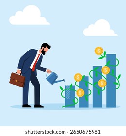 Ilustração de um empresário regando plantas de dinheiro crescendo em um gráfico de barras, simbolizando o crescimento do investimento e o cultivo financeiro.