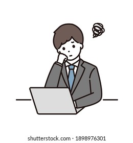 Illustration of a businessman wearing a cheek stick in front of a laptop