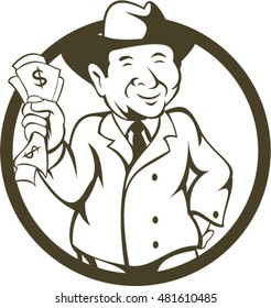 Illustration of a businessman wearing fedora hat clutching bank notes in one hand and the the other hand on hips viewed from the front set inside circle done in cartoon style. 