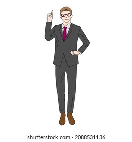 Illustration of a businessman wearing glasses with his index finger raised (white background, vector, cut out)