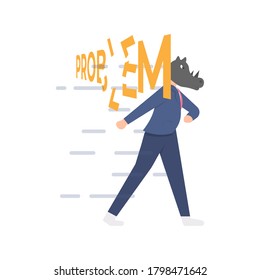 illustration of a businessman wearing a rhino helmet and crashing into the problem type. concept of solving problems, instant solutions, overcoming obstacles. flat design. can be used for elements