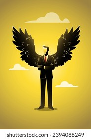 An illustration of a businessman wearing suit with wings and arms crossed. Business metaphor