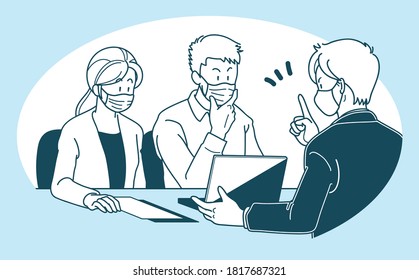 Illustration of a businessman wearing a surgical mask and explaining to a young couple