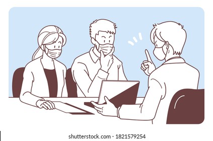 Illustration of a businessman wearing a surgical mask and explaining to a young couple