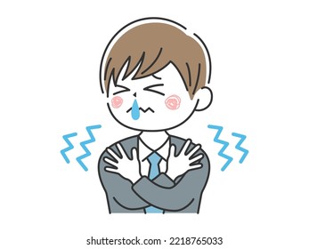 Illustration of a businessman who is cold and shivering and has a runny nose.