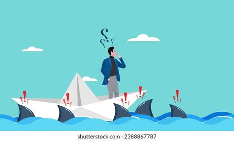 Illustration of a businessman who is confused because his paper boat is surrounded by sharks, problem in business concept flat design vector illustration