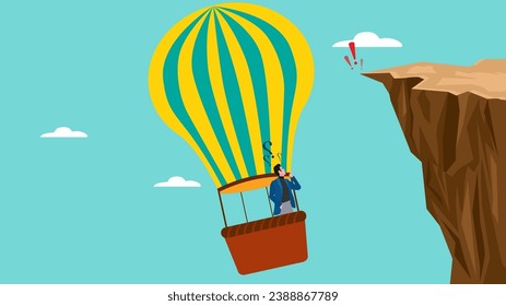 Ilustración de un hombre de negocios confundido porque el globo aerostático que está montando se estrellará en un abrupto precipicio, problema en el concepto de negocios, problema de negocios resolver ilustración con estilo plano