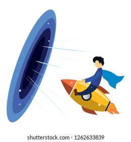 illustration of a businessman who flies using a rocket to the dimension of success