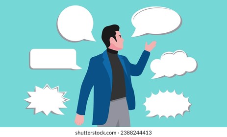 Illustration of a businessman who is good at communicating or public speaking suitable for describing someone who is presenting or giving directions, body language concept, the art of speaking