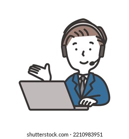 Illustration of a businessman who guides with a smile in front of a personal computer