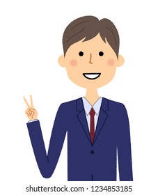 It is an illustration of a businessman who signs a V sign.