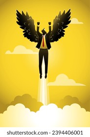 Ilustración de un empresario con alas volando en el cielo