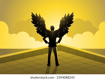 An illustration of a businessman with wings standing on top building