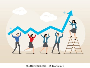 Uma ilustração da equipe de funcionários de homens de negócios e mulheres ajuda a aumentar o gráfico de seta. Estratégia de crescimento, colaboração em equipe para aumentar o sucesso dos negócios, melhorar o conceito de eficiência no trabalho