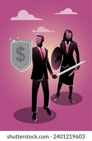An illustration of businessman and woman together hold shield and sword. Leadership, protect and security, business