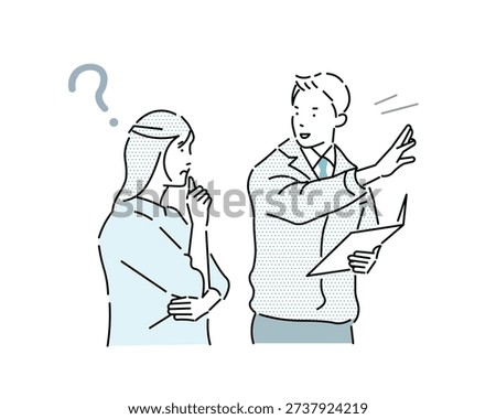 Illustration: Businessman in work clothes explaining an estimate to a customer Sales Contract Troubled woman Woman with questions