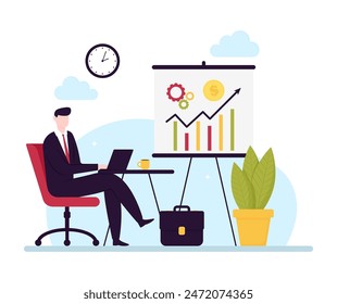 Illustration of a businessman working at a laptop. Presentation of a business idea.