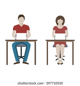 Illustration of businessman working on computer. Man and woman working with laptop. Man woman sits at a desk and working at the computer. Vector modern illustration of working process.