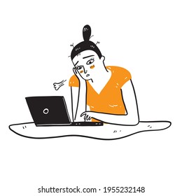 Ilustración de un empresario que trabaja a distancia Remordimiento emocional o tristeza, estilo de doodle de la ilustración por mano