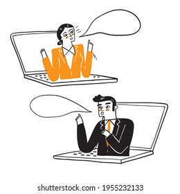 Illustration of a businessman working remotely, Hand drawn Vector Illustration doodle style\n