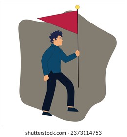 illustration of Businessman  working at a startup company raising a flag , Man Entrepreneur ,  Young Man with Flag