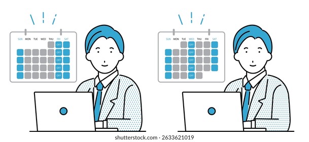 Illustration of a businessman working using a computer and a calendar reflecting the three-day work week system