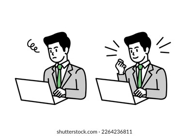 Illustration of a businessman with a worried expression and a businessman who solved the problem