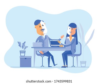 Illustration of Businessman writing a business plan, tax letter, financial report. A man sits, table with a sheet of paper.