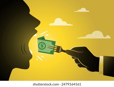 An illustration of businessman's hand holds out a fork with a dollar bill in the other hand to open mouth. Money eaters and money greedy concept