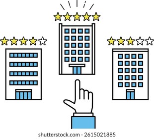 Illustration of a businessman's hand pointing at a perfect five-star rating