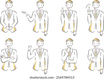 Illustration of businessman's pose (upper body) Greeting, guidance, good, inspiration, arms folded, guts, thinking, handshake