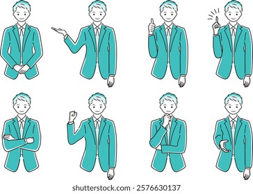 Illustration of businessman's pose (upper body) Greeting, guidance, good, inspiration, arms folded, guts, thinking, handshake