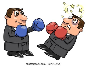 Illustration of the businessmen with boxing gloves punching competitor