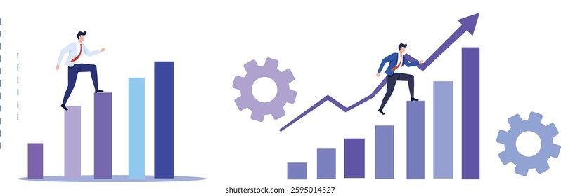 Illustration of businessmen climbing growth charts. Concept for business success and career progress