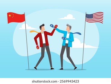 An illustration of businessmen fighting wearing boxing globe with China and USA flag. US China trade war or economic cold war and government financial policy between leading country concept