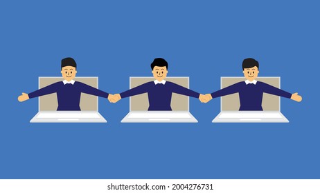 An illustration of businessmen holding hands reflects togetherness or connected and online meeting or work from home. An illustration of businessmen wearing t-shirts and sweaters.