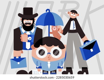 Illustration of businessmen jew, senior and junior going to work on a rainy day. A little teddy bear is an element of childhood that adults carry in themselves, regardless of their age and status