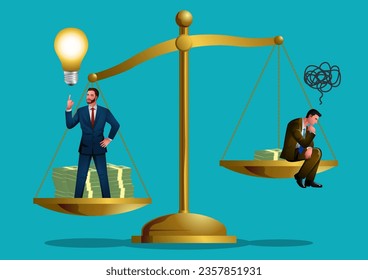 Illustration of businessmen on a golden scale, portrays the contrast between an innovative businessman, represented by a shining light bulb, and a stagnant businessman symbolized by a tangled thread