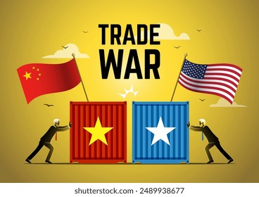 An illustration of businessmen pushing with containers, representing the tense relation between China and U.S.A. due the Trade War