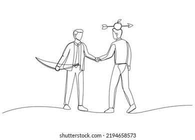 Illustration of businessmen shaking hands agreement after finished danger risky apple shot archery show. Metaphor for trusted partner, business relation, collaboration. One line art style
