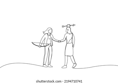 Illustration of businessmen shaking hands agreement after finished danger risky apple shot archery show. Metaphor for trusted partner, business relation, collaboration. One line art style

